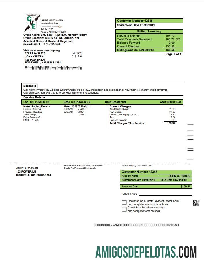 Em branco modelo de comprovante de endereço de eletricidade nos EUA, Novo México, em formato Word e PDF